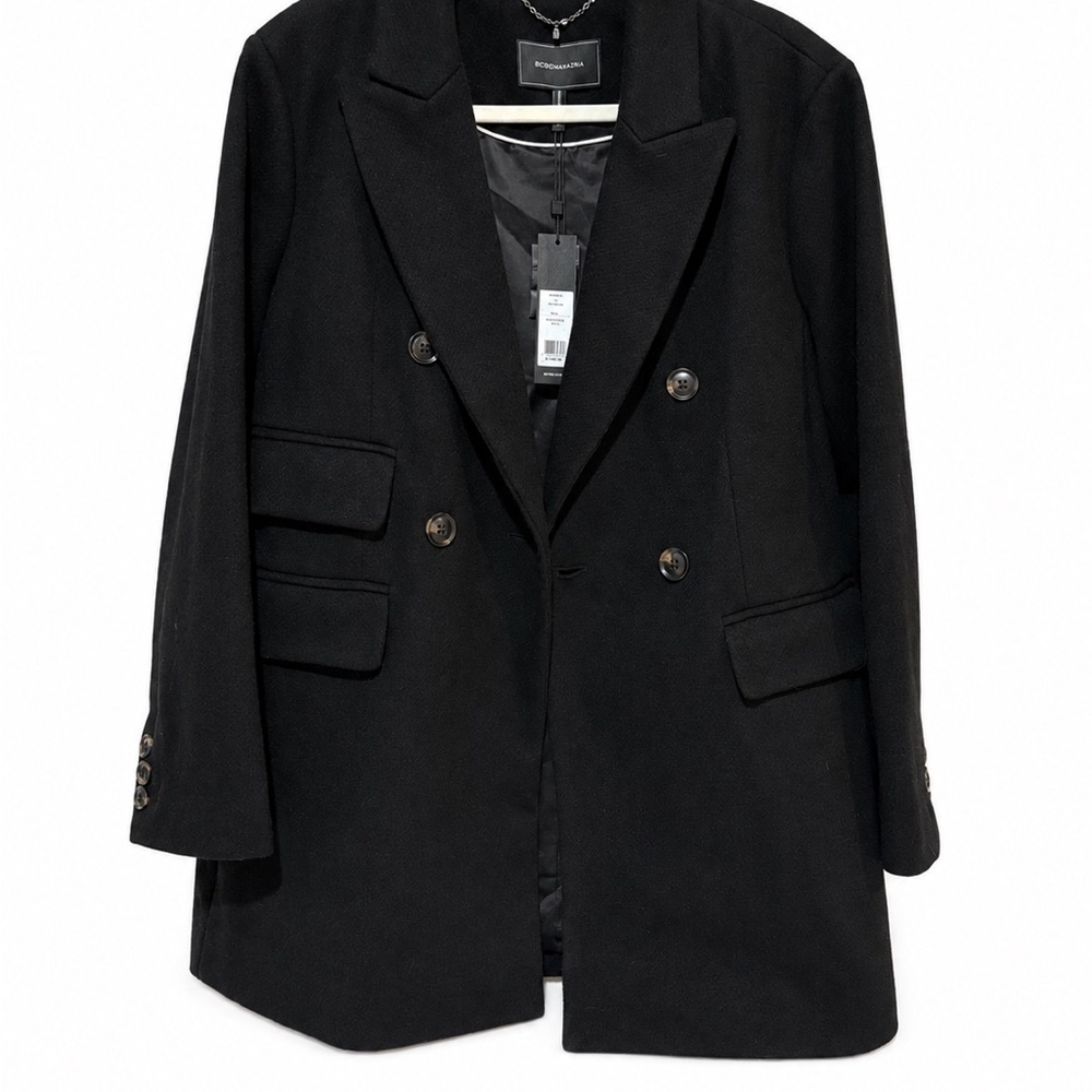 BCBGMAXAZRIA Women's Black Wool Double Breasted Pea Coat L Lined Pockets
